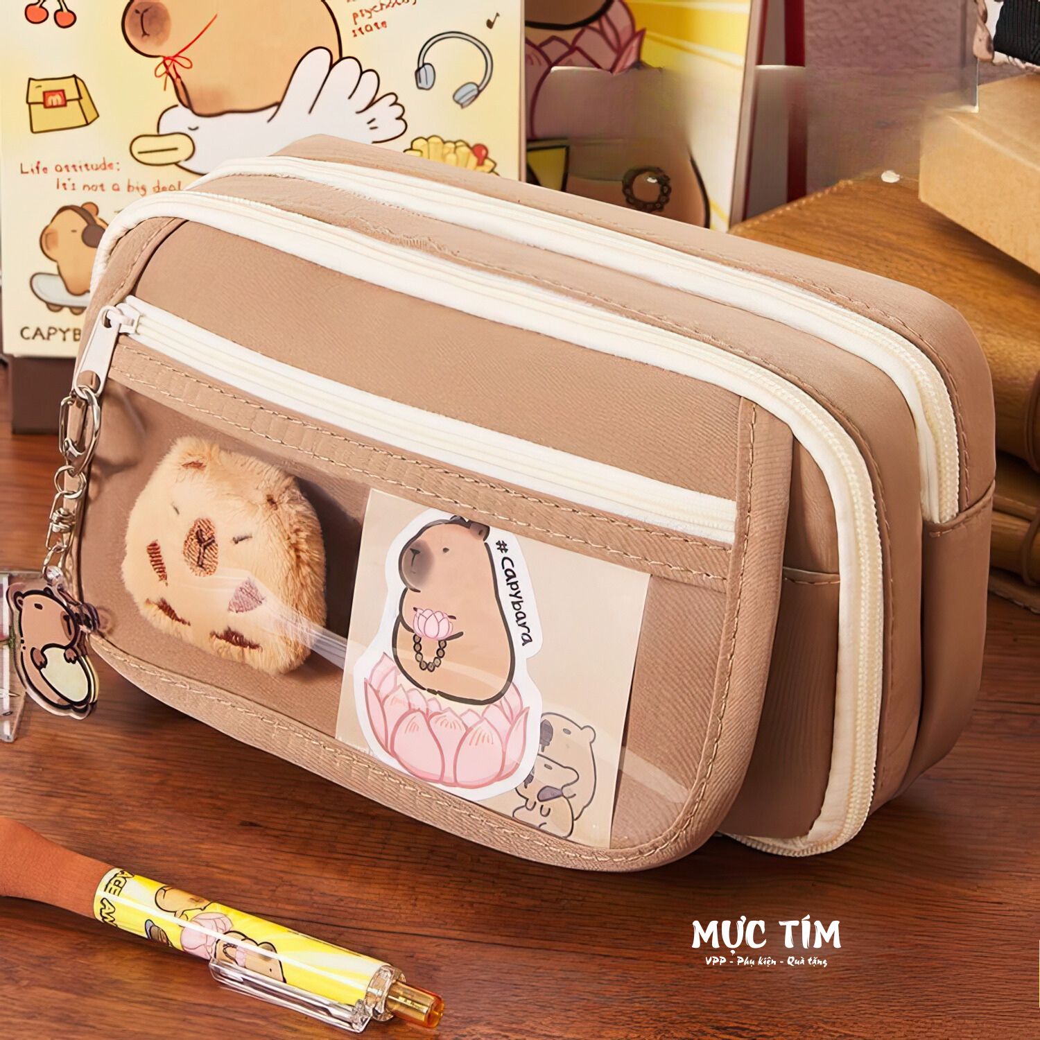 Bóp viết vải mặt trong suốt 4 ngăn màu nâu trơn