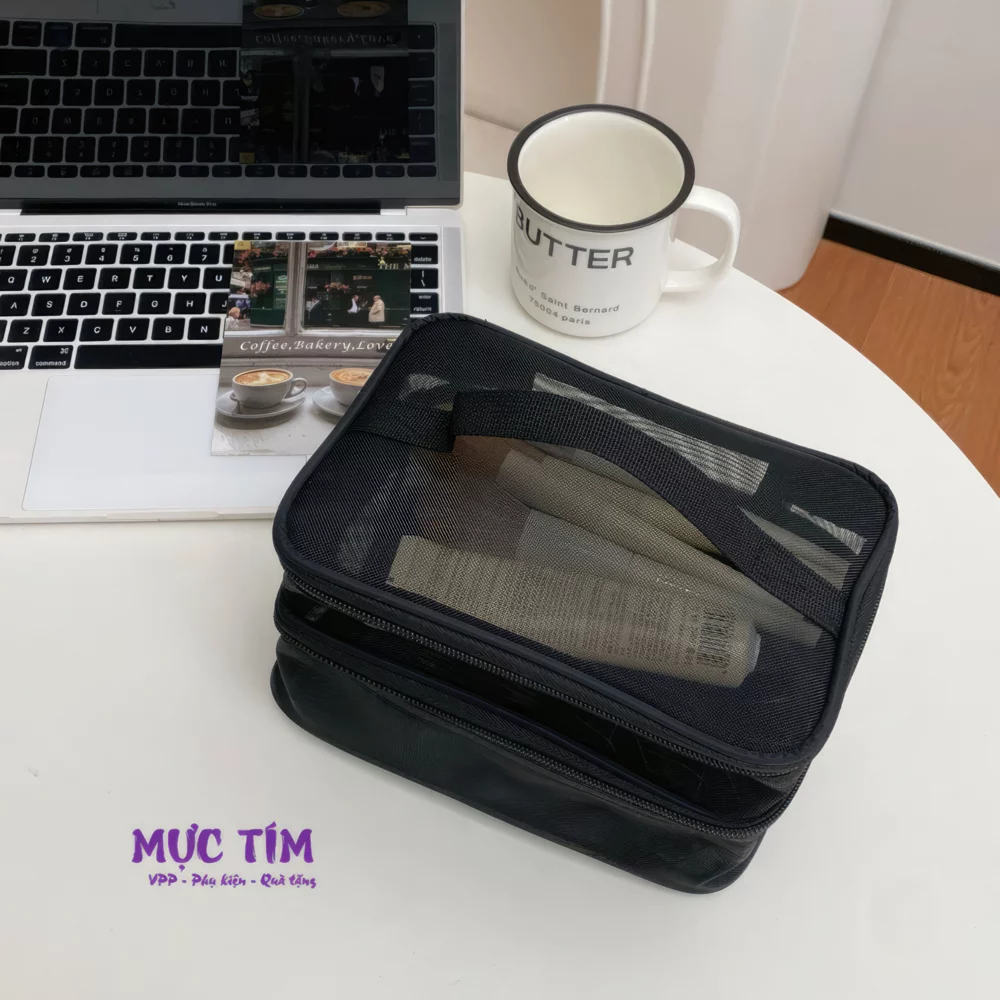 Túi đựng mỹ phẩm 2 ngăn gọn gàng — Đen