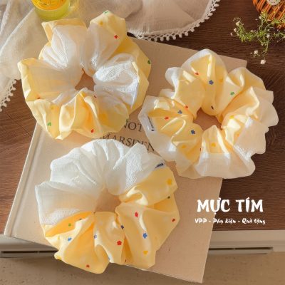 buộc tóc chấm bi vàng trắng